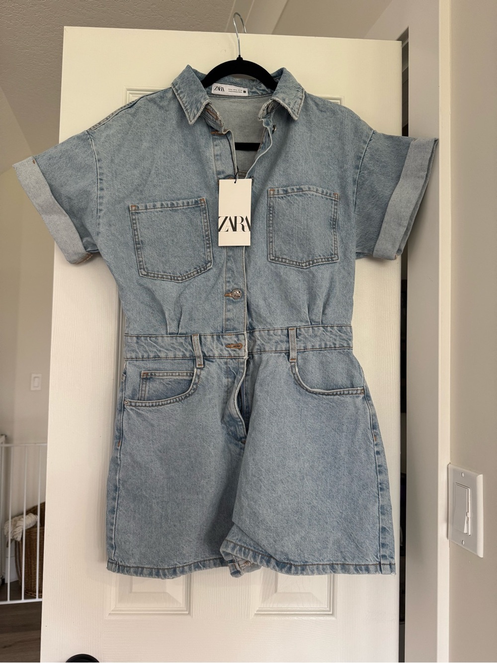 Zara Light Blue Short-Sleeve Denim Romper